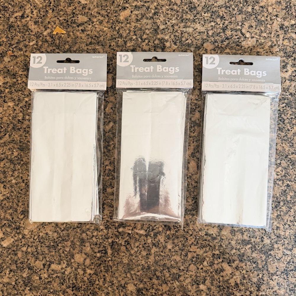 3 Packs 12 Each Metallic Silver Tone Paper Treat Bags 3.1x6.5x2.25" NIP